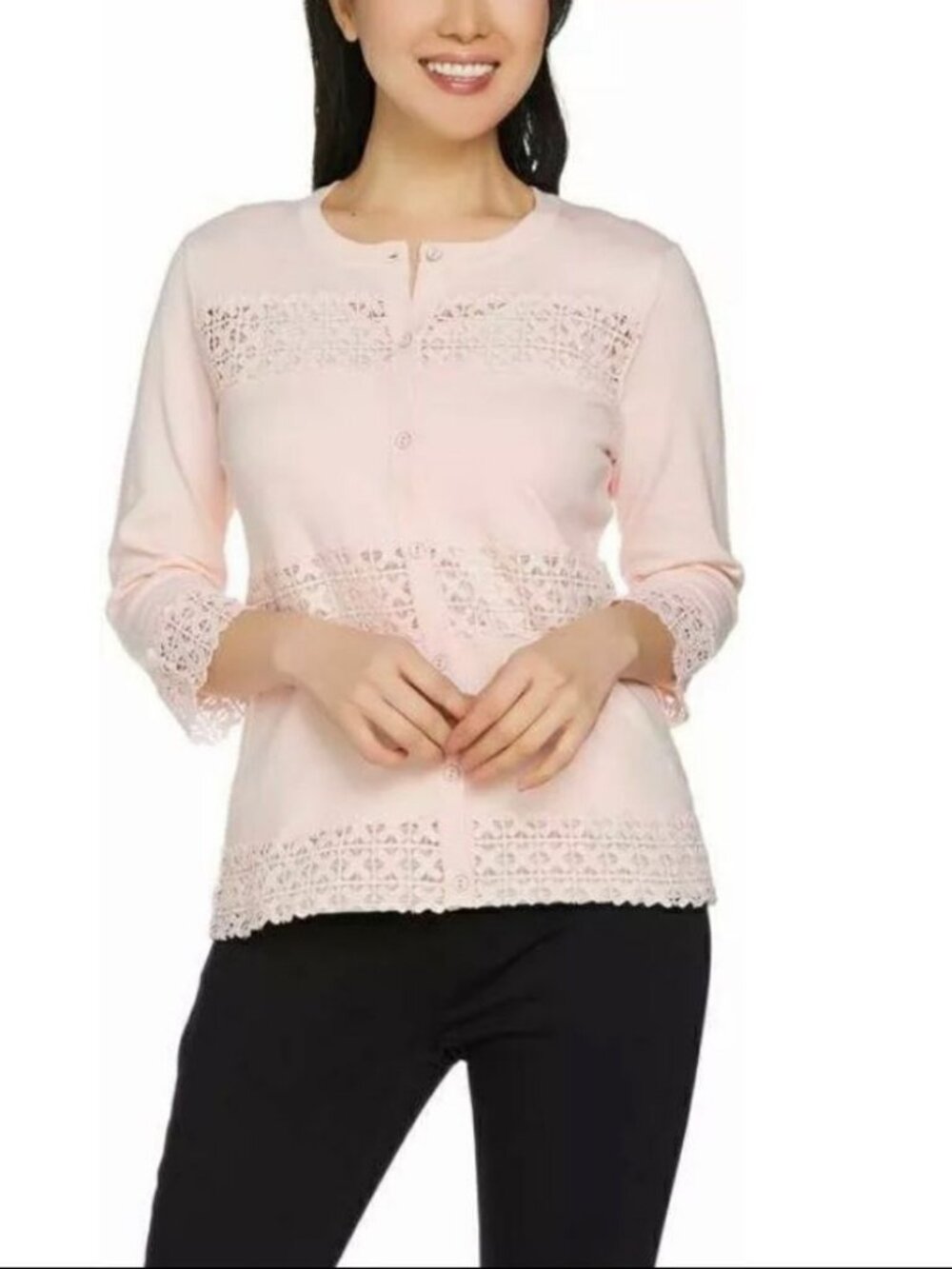 Isaac Mizrahi Lace Striped 3/4 Slv Cardigan